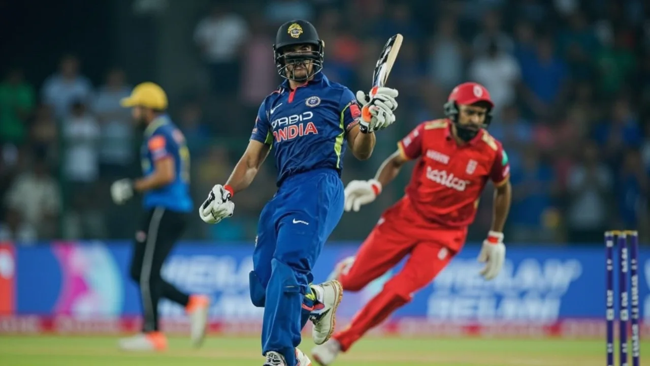 Close sideline view of an Indian batter in mid-stroke during a Test match, bat raised through the off side with the slip cordon watching
