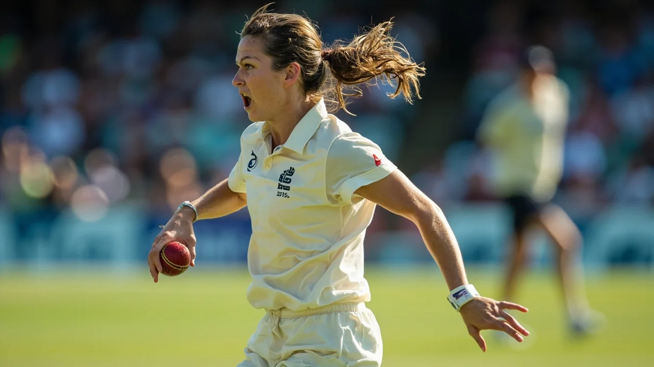 Women's cricket batter playing an attacking stroke during a floodlit limited-overs innings