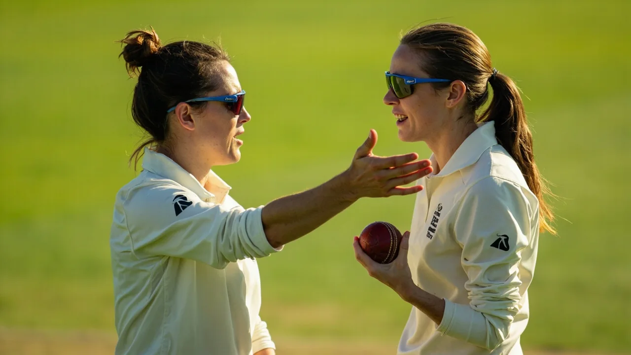 Fielders and bowler set a tactical ring on a green outfield during women's limited-overs cricket