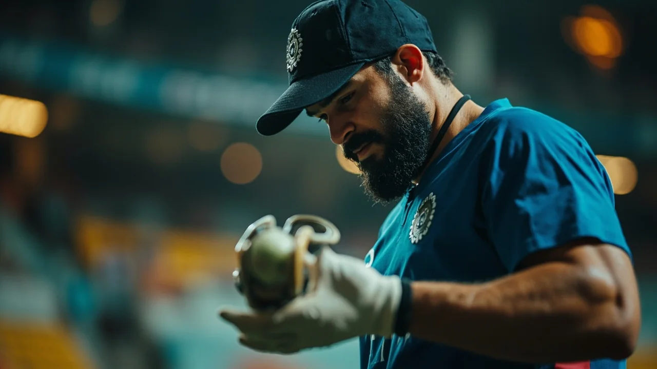 Close view of a T20 captain pointing to a leg-side field adjustment while the bowler walks back to his mark